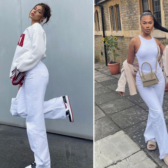 90s Style White Wide Leg Jeans High Waist Raw Hem - Picture 6 of 15